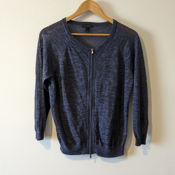 J. Crew Sweaters - J. Crew Navy Blue Marled Two-Way Zip Lightweight Cardigan Size S
